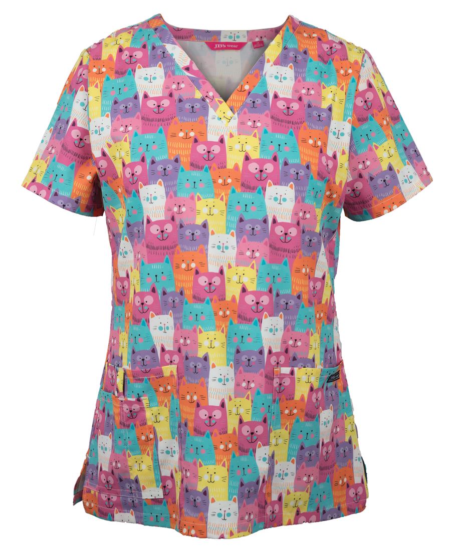 JB's LADIES SCRUB TOP PRINTED CAT - 06